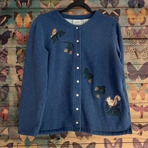 Classic Elements Black Embroidered Bird Squirrel Button Down Knit Jacket